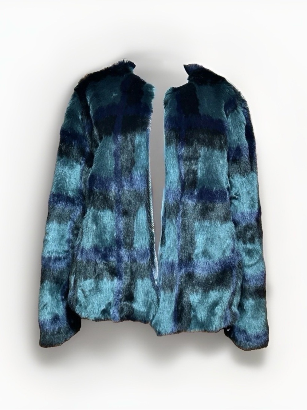 Ann Taylor Women’s Faux Fur Coat Jacket L – Teal Blue Black Ombre – Plush Soft
